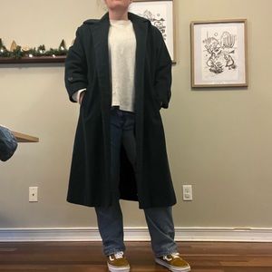 Dark green/teal, two button wool coat with silky lining. Vintage. Union made.